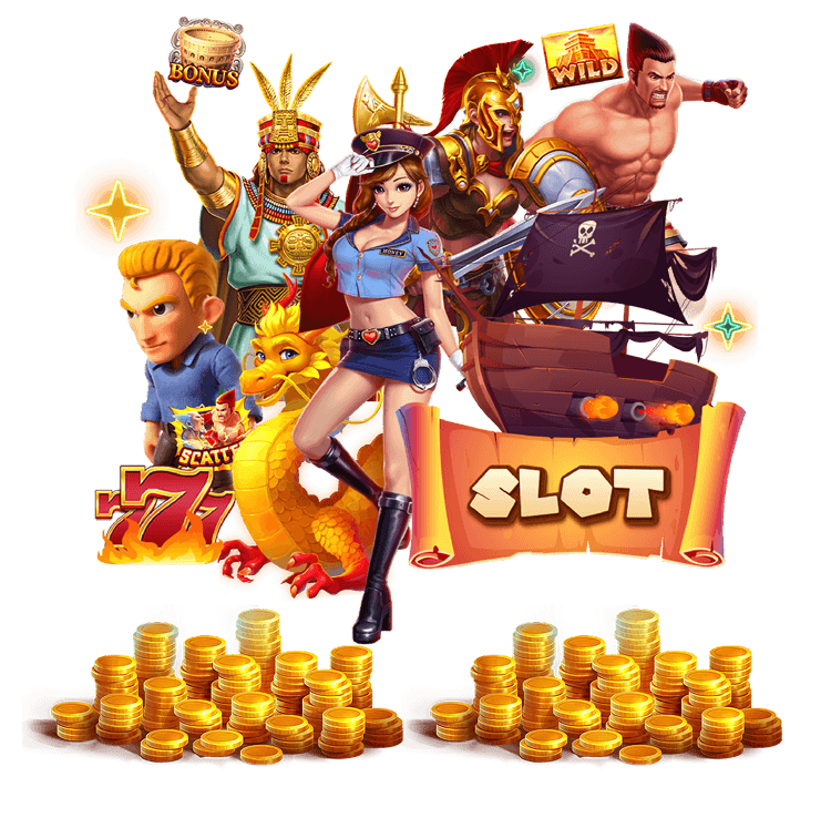 Illustrated slot characters, pirate ship and gold coins